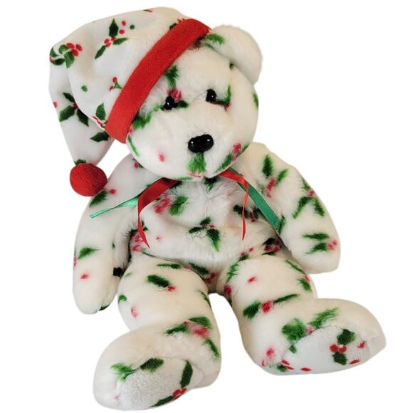 2002 Ty Beanie Buddies Holly Teddy Bear Christmas Plush 14" Red Green Hat - Picture 1 of 13